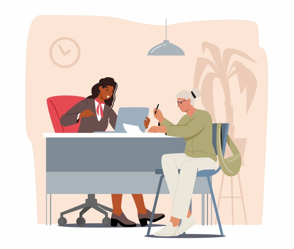 Senior Female Client Character Talking to Manager or Analysts of Credit Department in Bank Office. Worker Receptionist Providing Banking Services to Customer. Cartoon People Vector Illustration